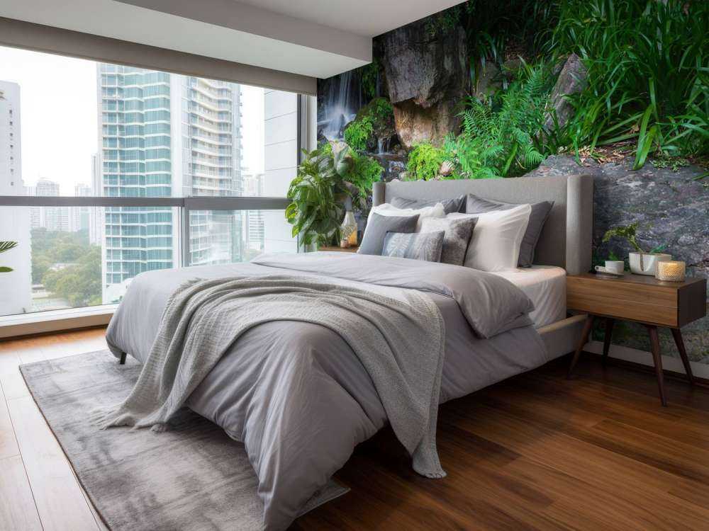 Vattenfall med tropiska växter