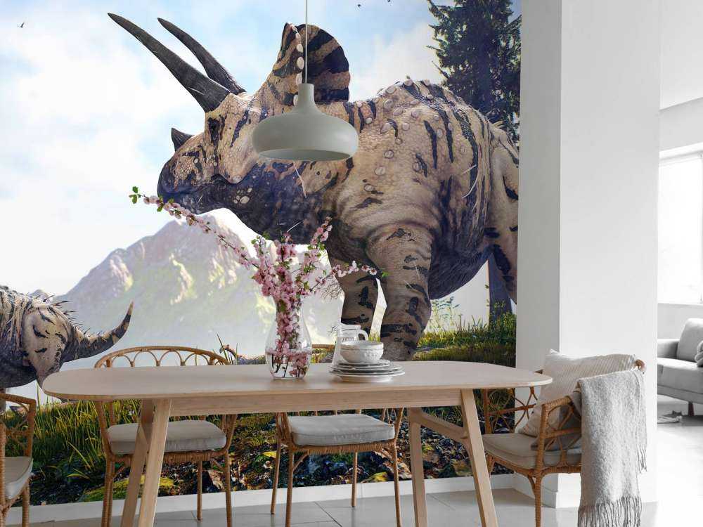 Dinosaurer går gjennom naturen