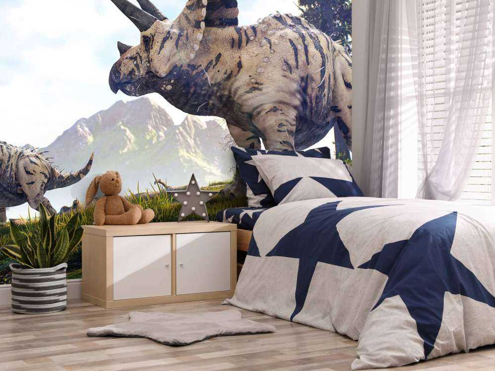 Dinosaurer går gjennom naturen