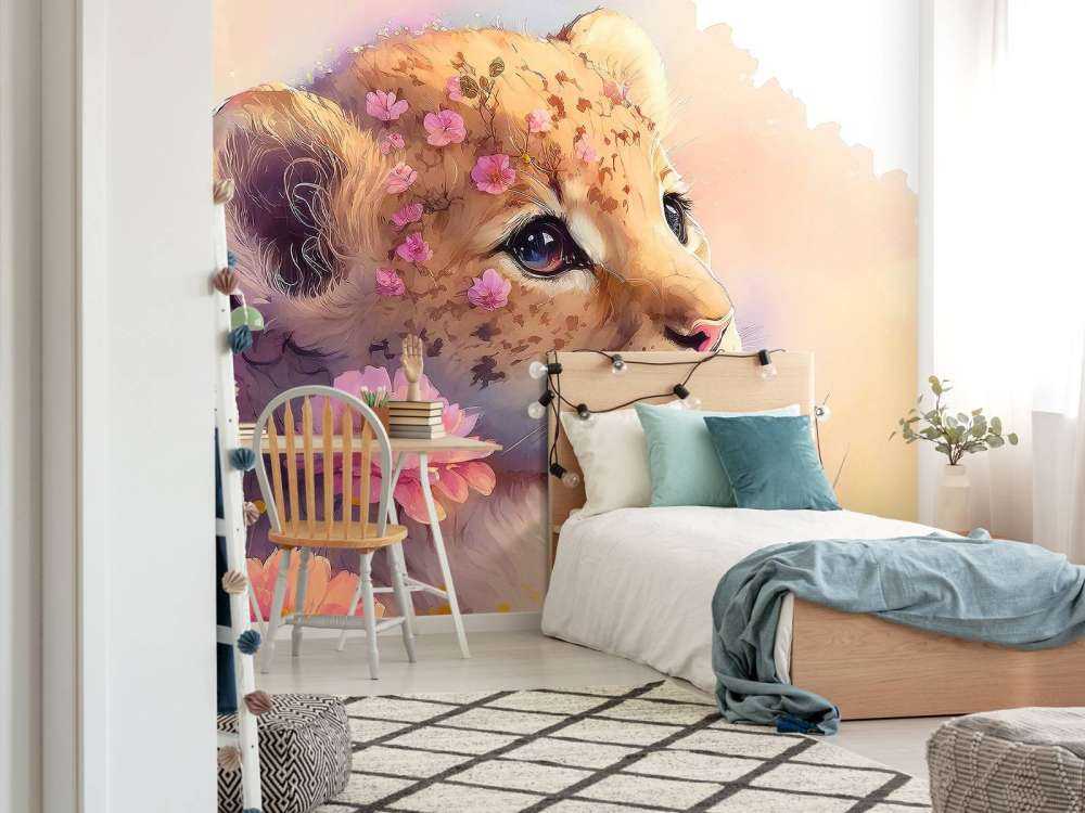 Drømmende valp mellom blomstene