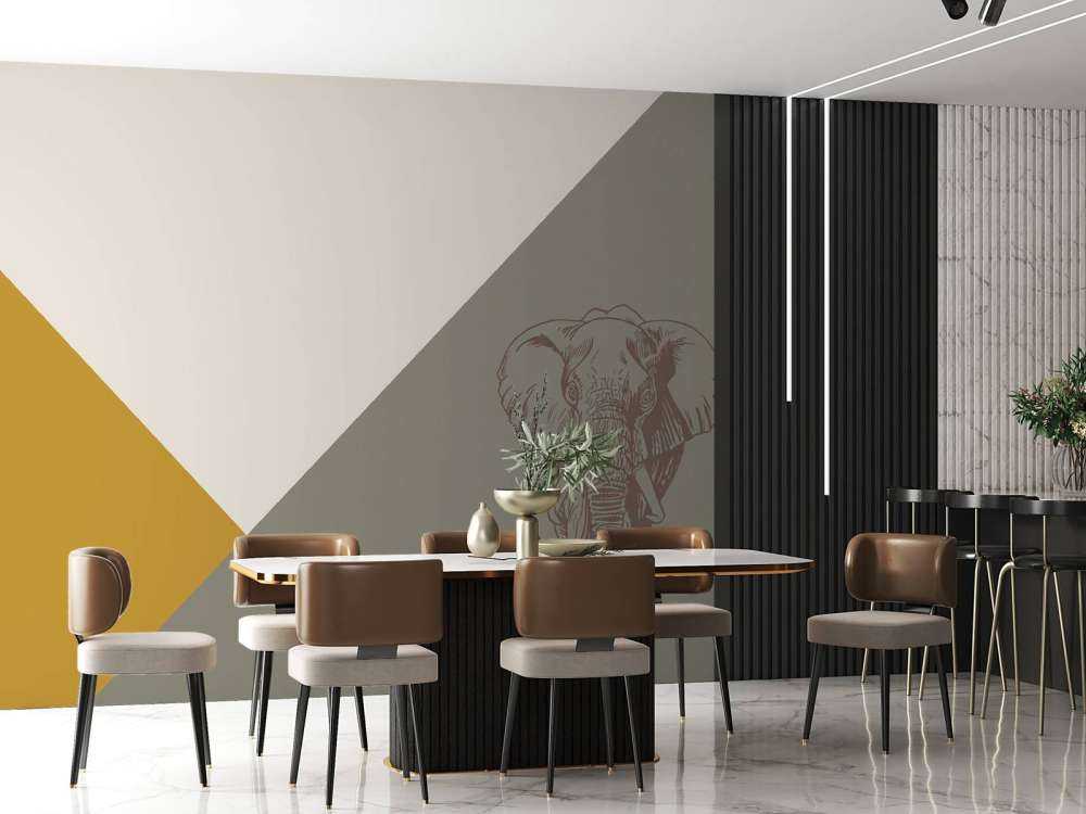 Trekanter i okkergult og grønt med elefant