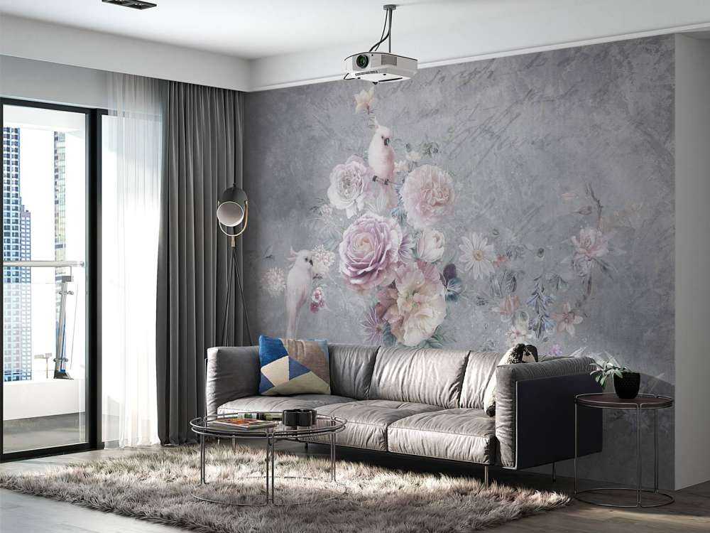 Papegøjer blandt blomster