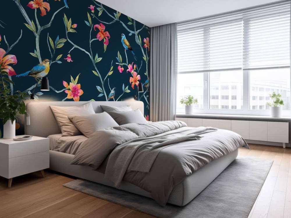 Tropiske blomster og fugle