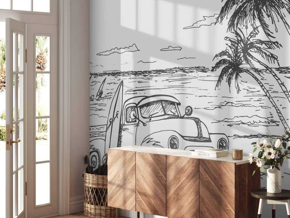 Strand tegnet i sort og hvidt