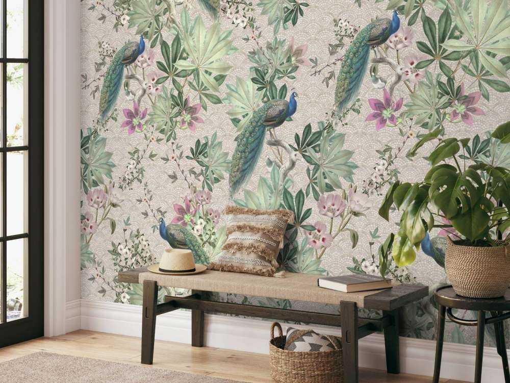 Vintage trädgård påfåglar - grädde