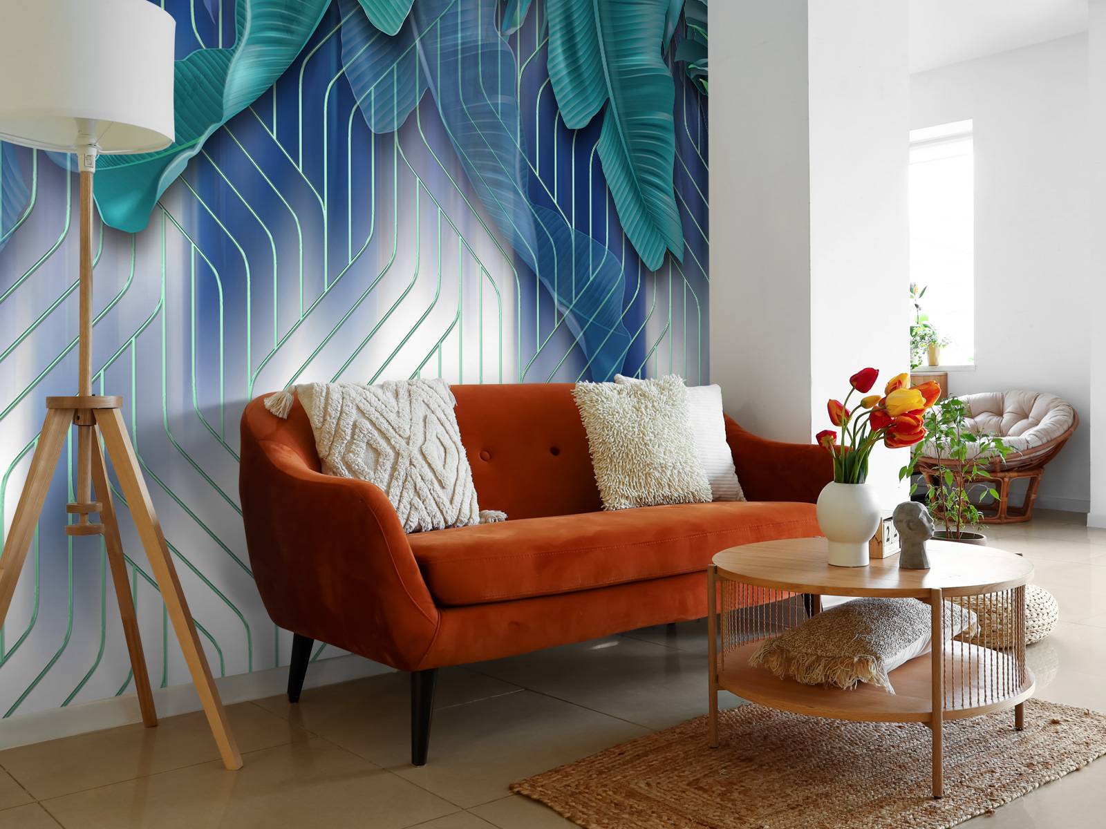 Grønne blade og grafiske grønne linjer - Fototapet, image size:1600x1200