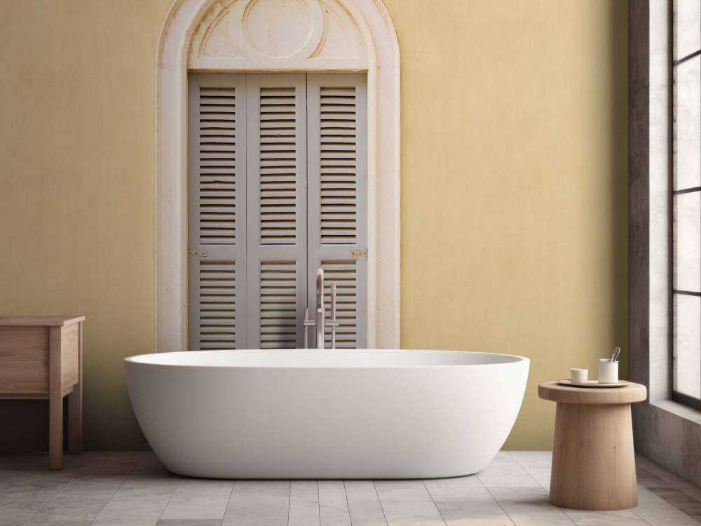 Vindue med træskodder på gul væg