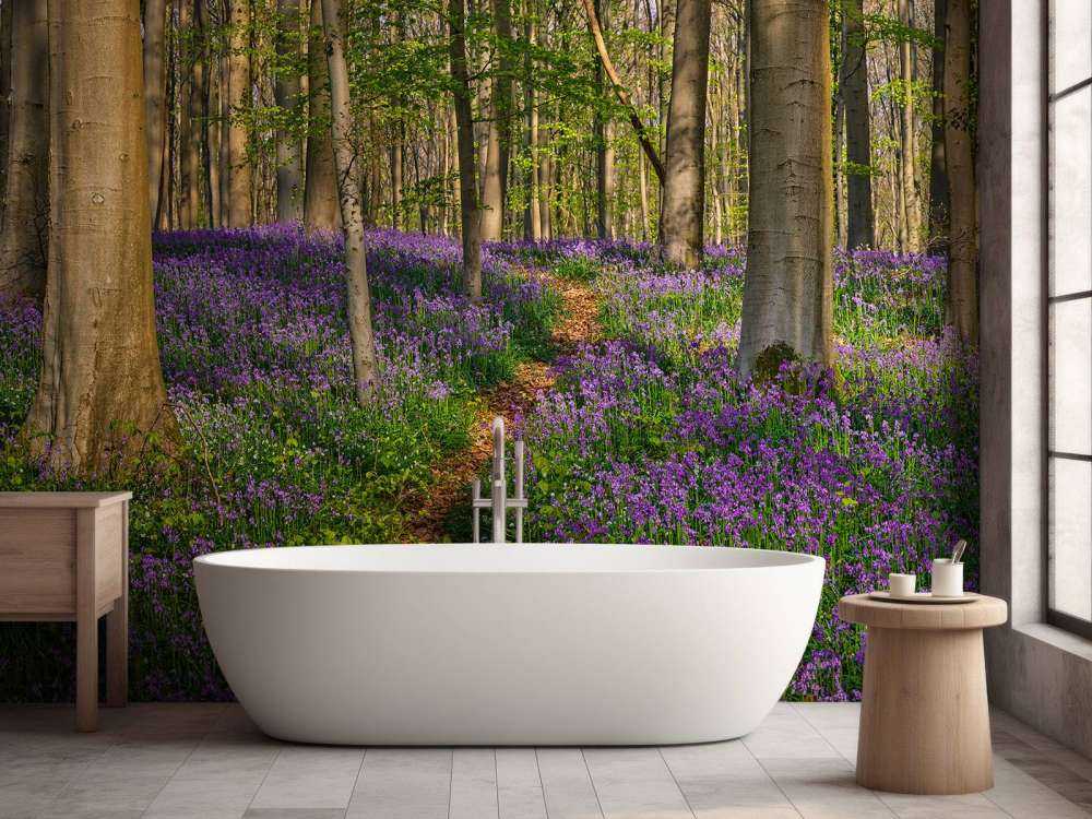 Sti gennem en skov med hyacinter