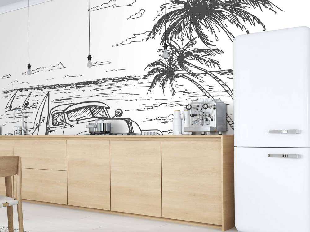 Strand tegnet i sort og hvidt