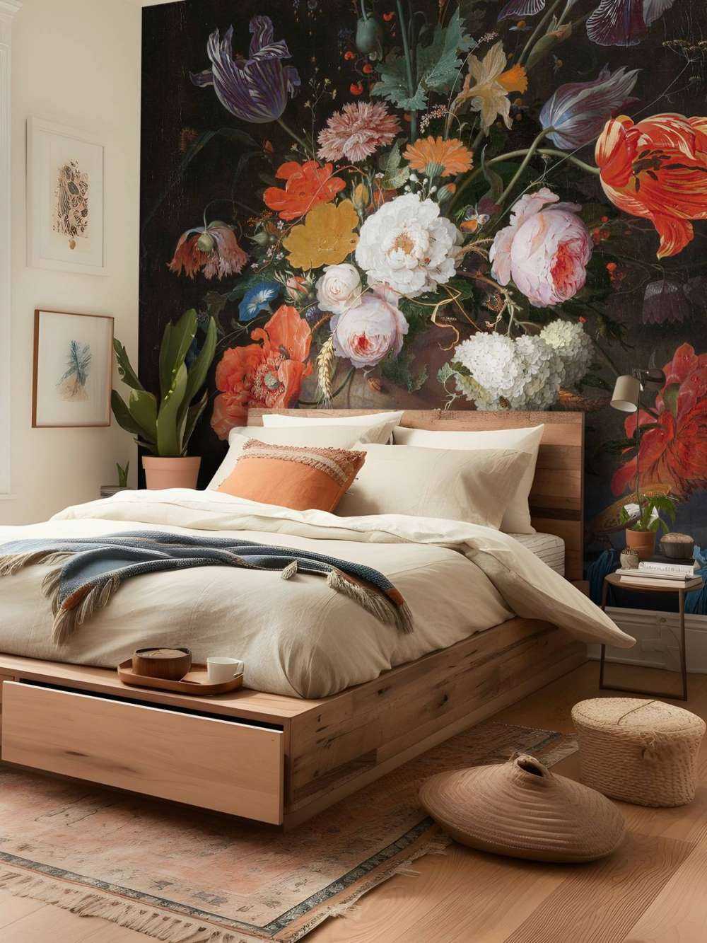 Stilleben med blomster og en klokke