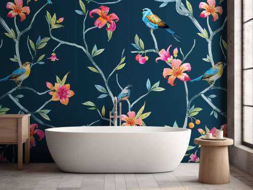 Tropiske blomster og fugler