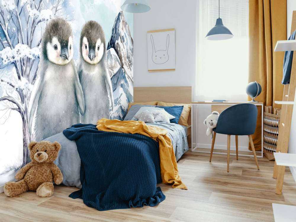 Skyggefulle pingviner i vinterlandskap