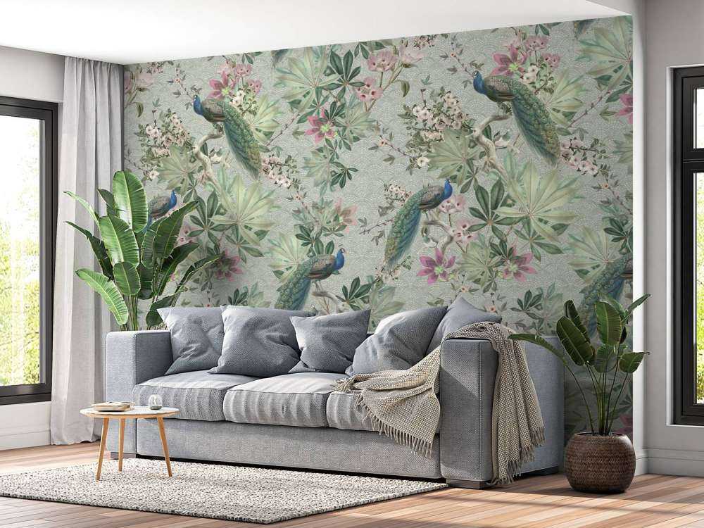 Vintage påfugle i haven - mintgrøn