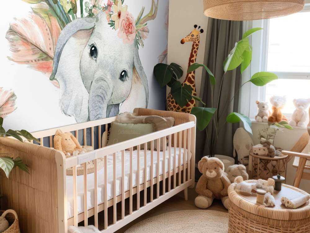 Babyelefant med lyserøde blomster