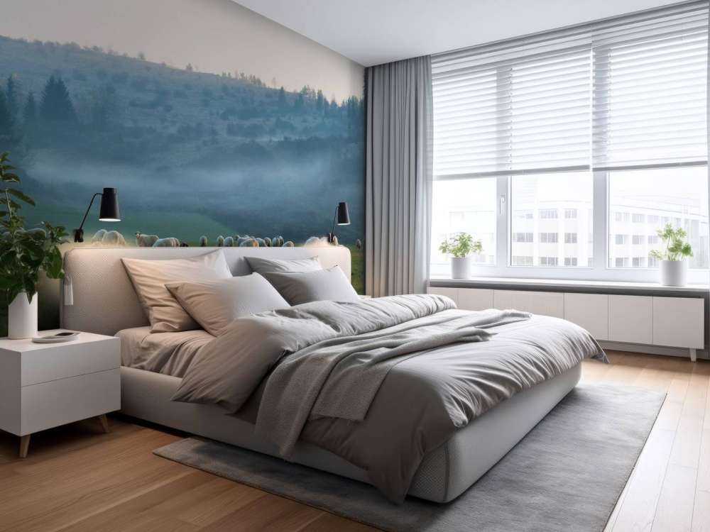 Fårflock i dimmigt landskap