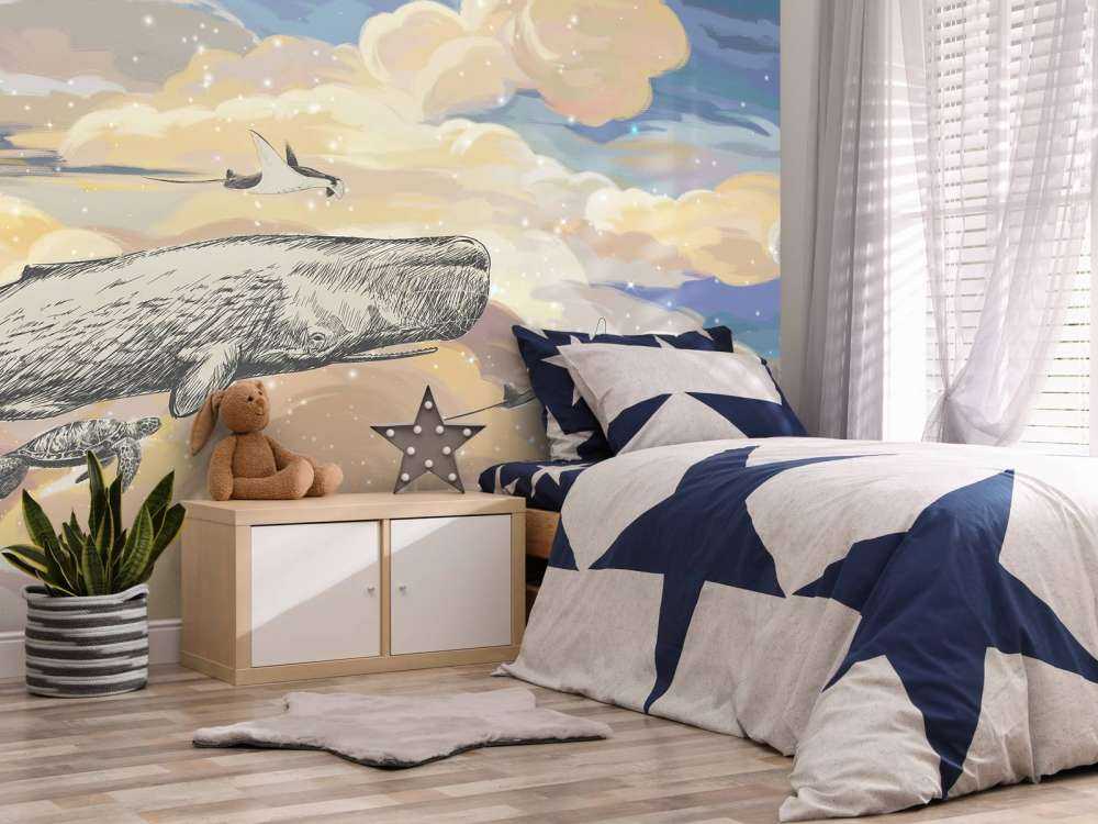 Val som simmar genom molnen