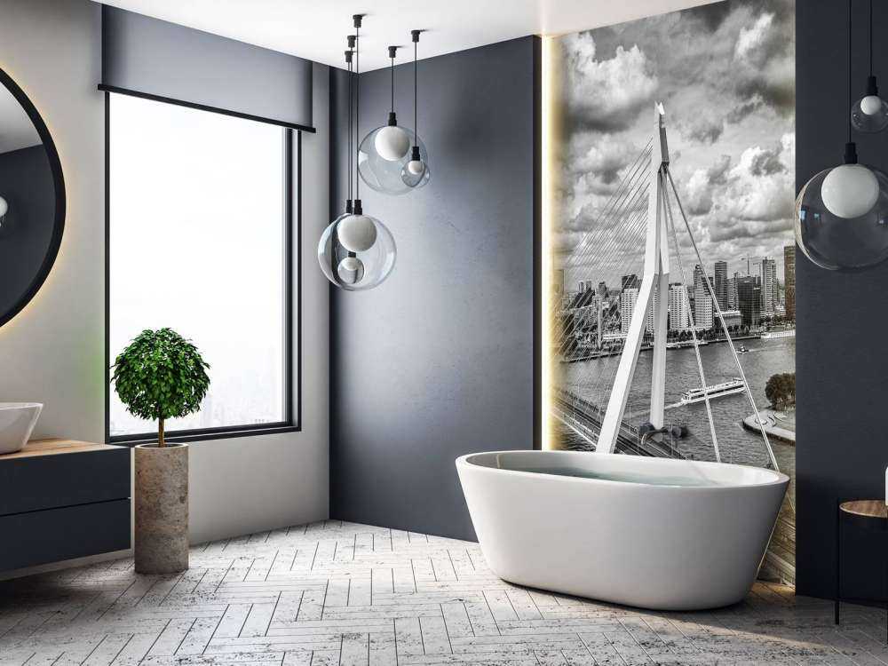 Rotterdam sentrum fra stor høyde i svart-hvitt