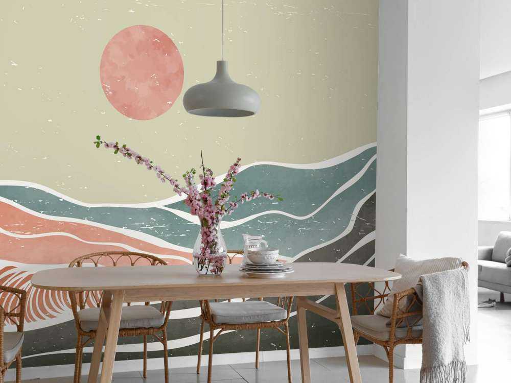 Fargede havbølger med en rød måne