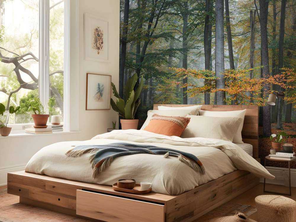 Höstfärger i dimmig skog