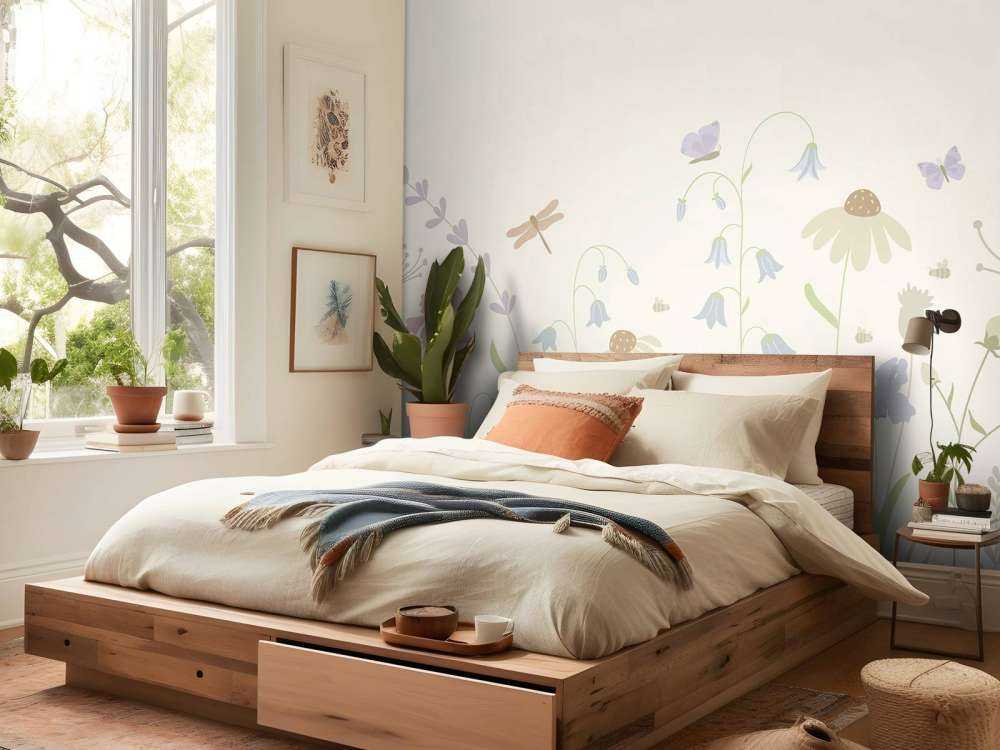 Blomsterfält högt med fjärilar beige, gammelrosa, grön och syren