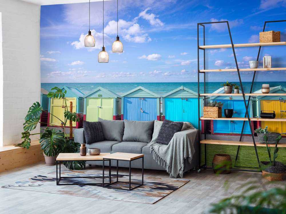 Farverige strandhytter