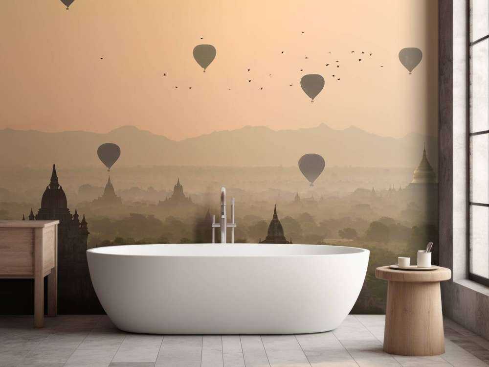 Bagan, balloons flying over ancient temples