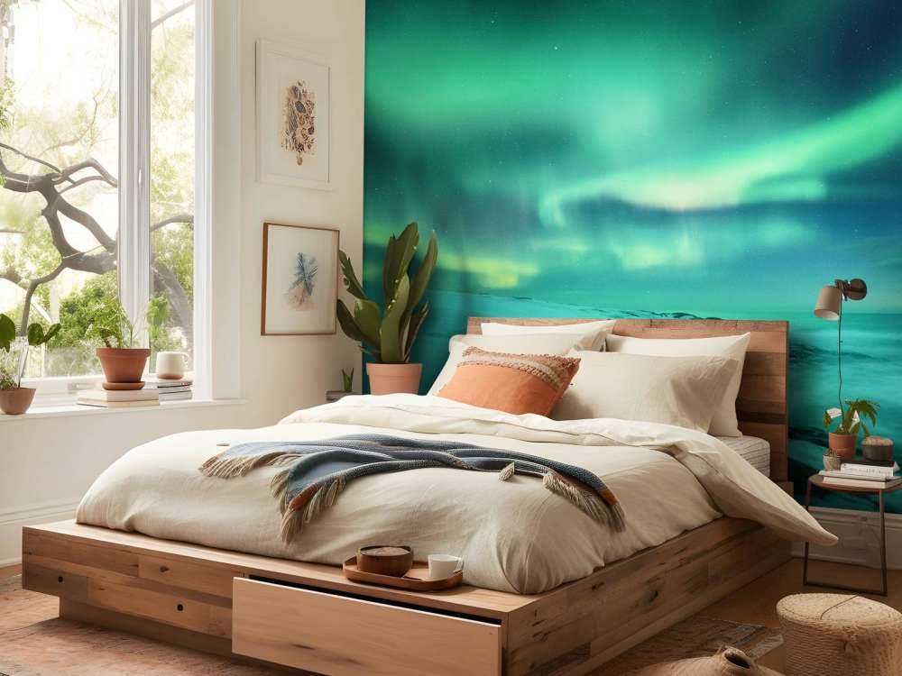 Grønt nordlys over snedækkede klipper