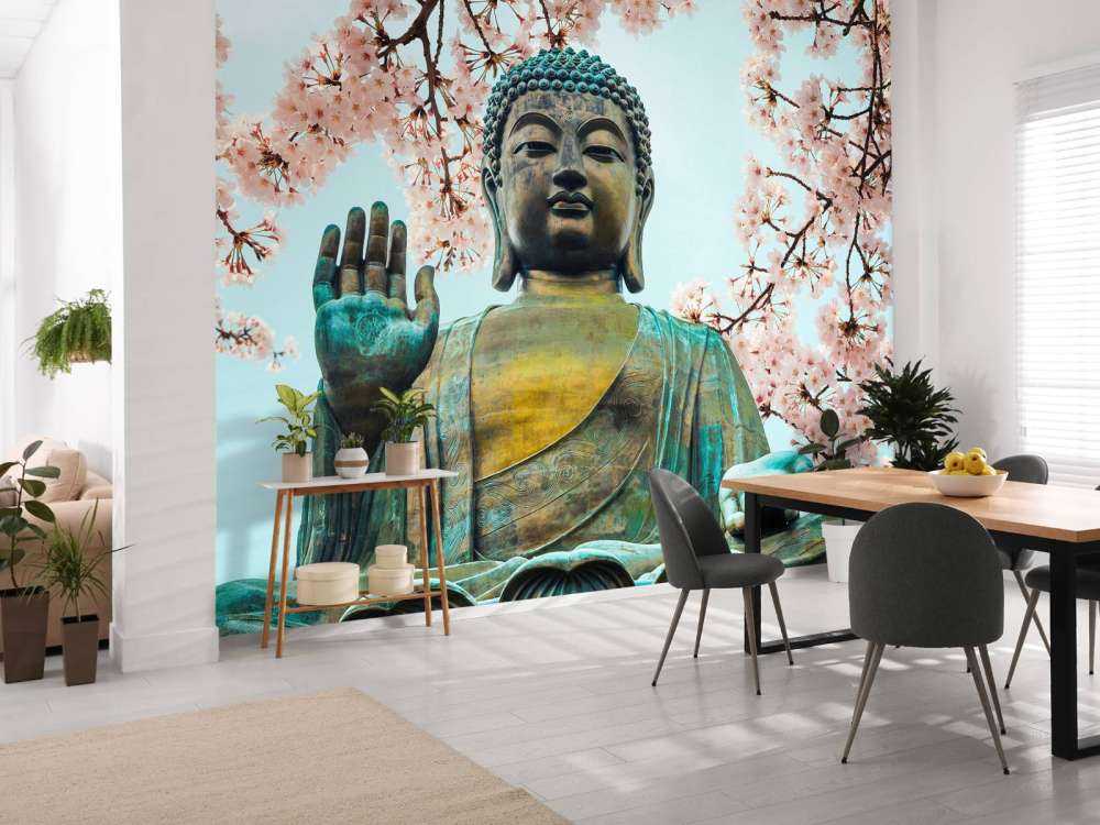 Buddha omgivet af kirsebærblomster