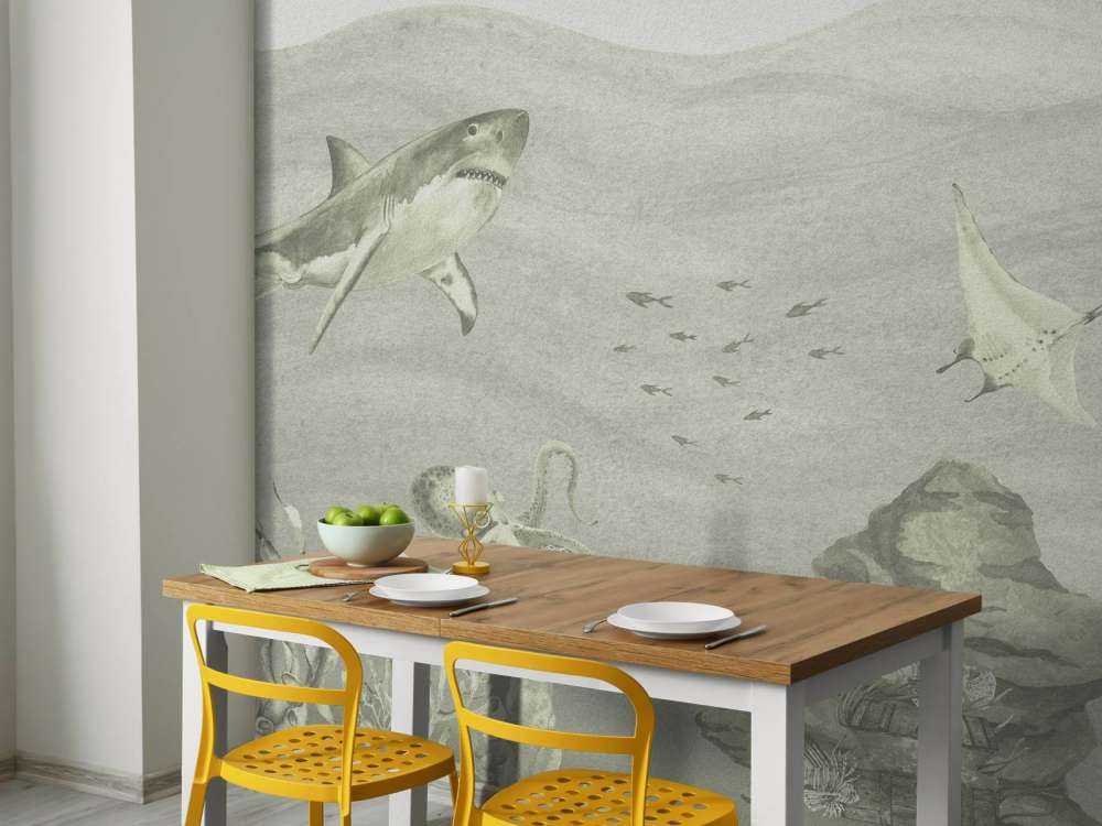 Undervandsverden med hajer i grønt