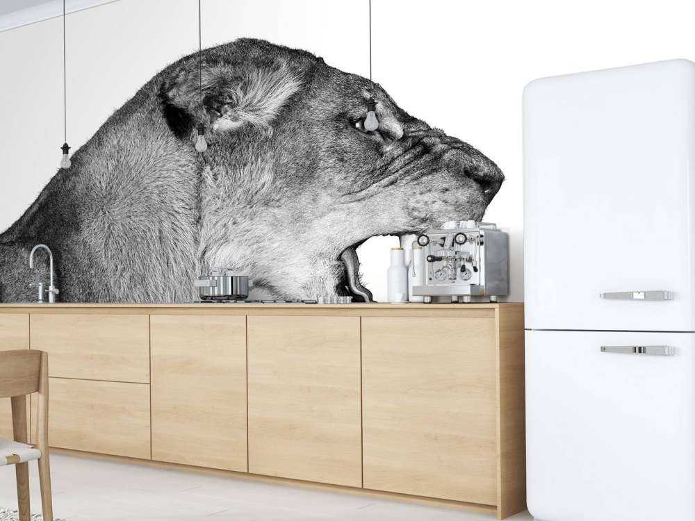 Løvinnen sett fra siden, hvit