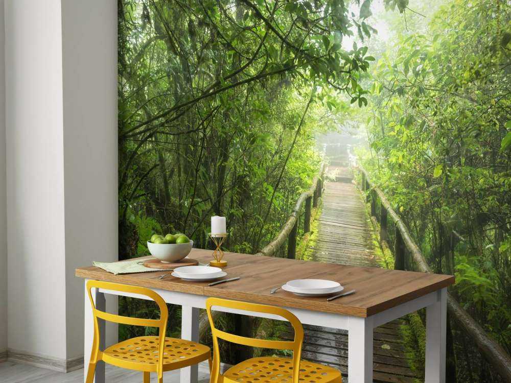 Grønn, tåkete jungel