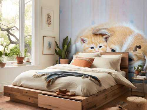 Kat tapet. Bilde av en kattunge og en valp.