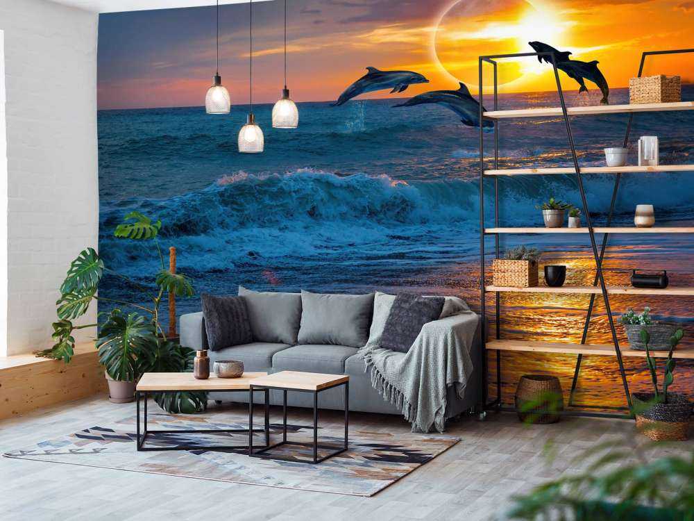 Delfiner med solnedgång