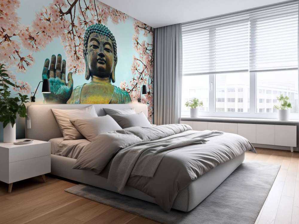 Buddha omgiven med körsbär blommor