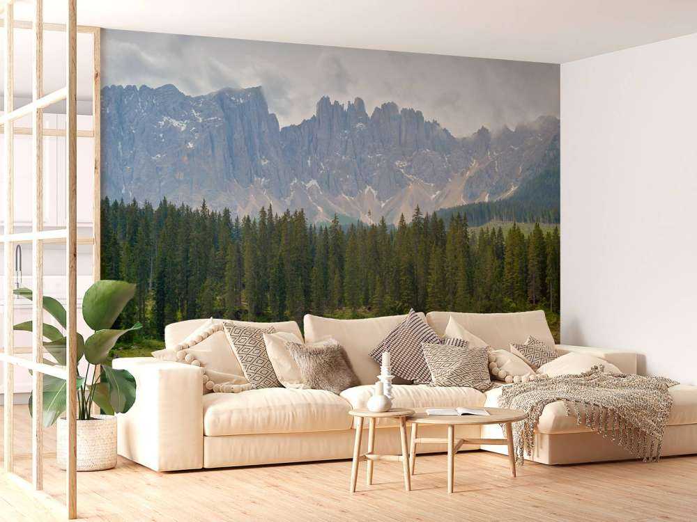 Række af træer nær bjergsø