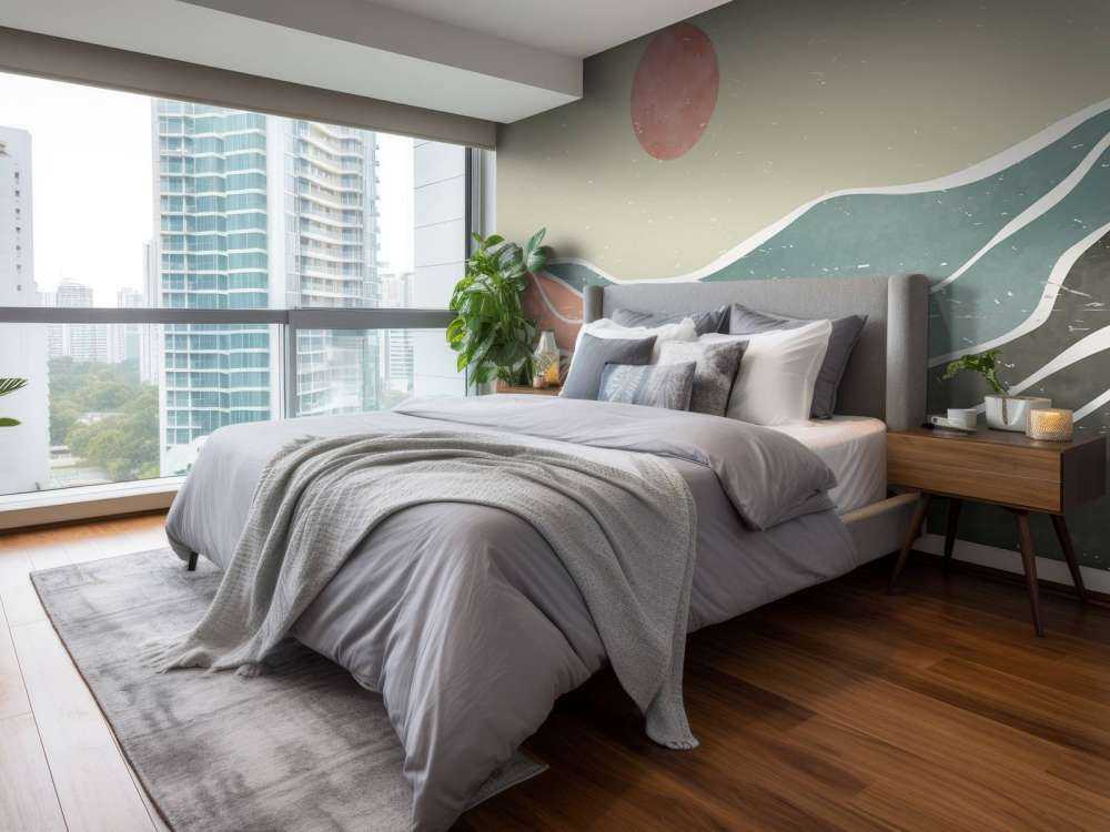 Farvede havbølger med en rød måne