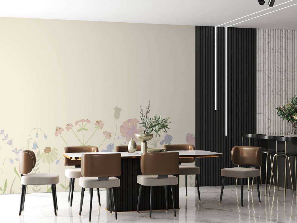 Blomstermark beige, gammelrosa, grøn og lilla