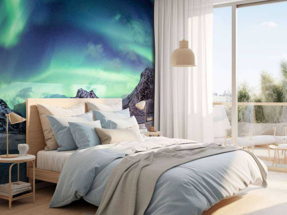 Nordlys over snødekte fjell