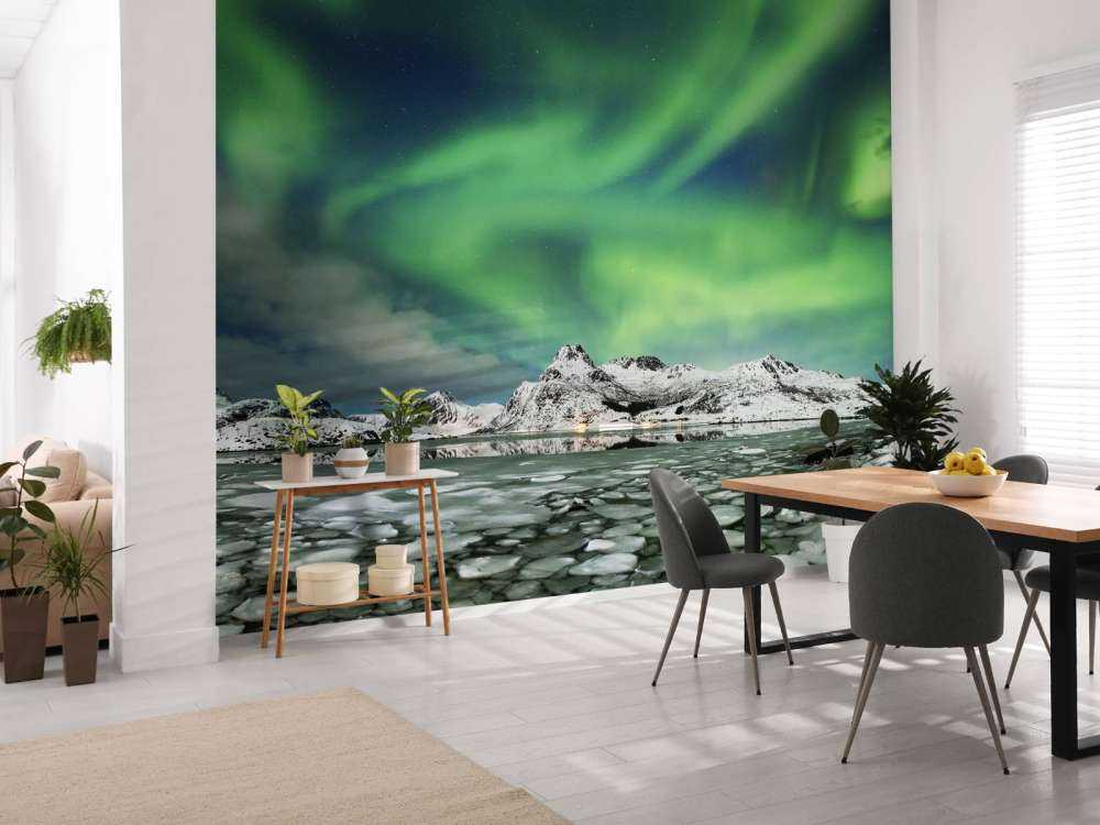 Nordlys over vinterlandskab