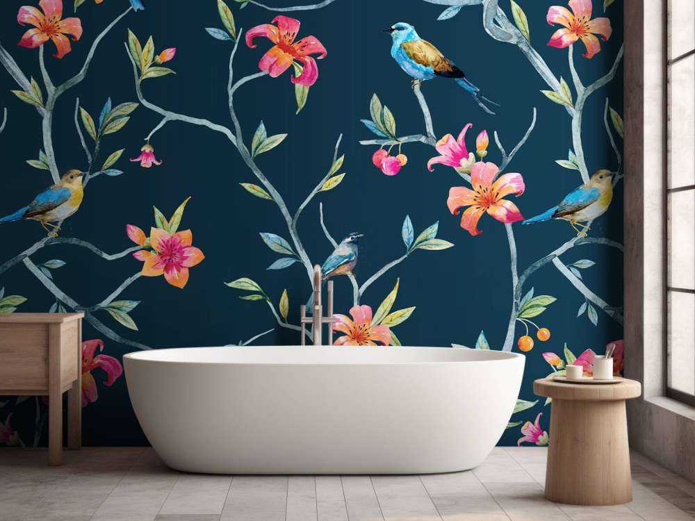 Tropiske blomster og fugle