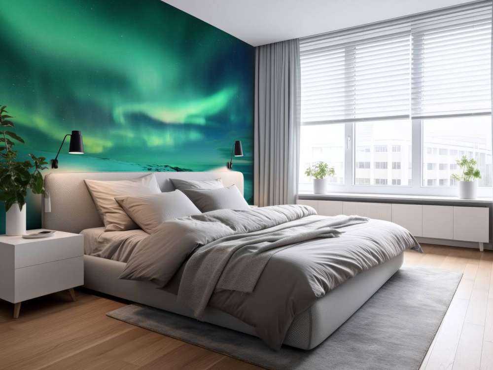 Grønt nordlys over snedækkede klipper