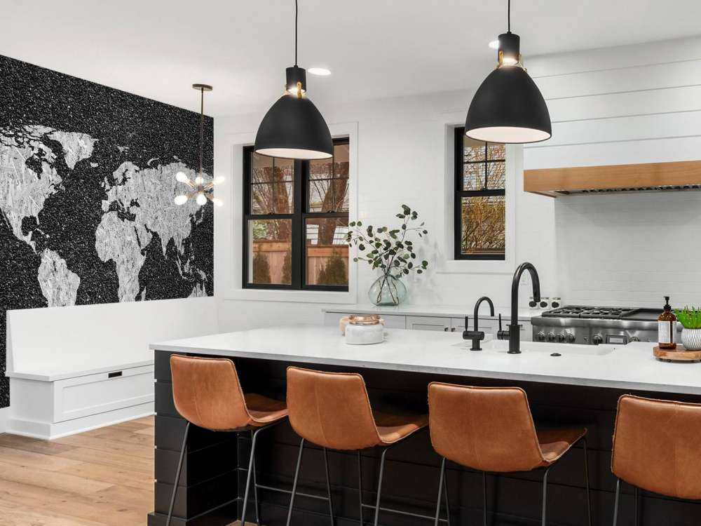 Vit världskarta på svart bakgrund