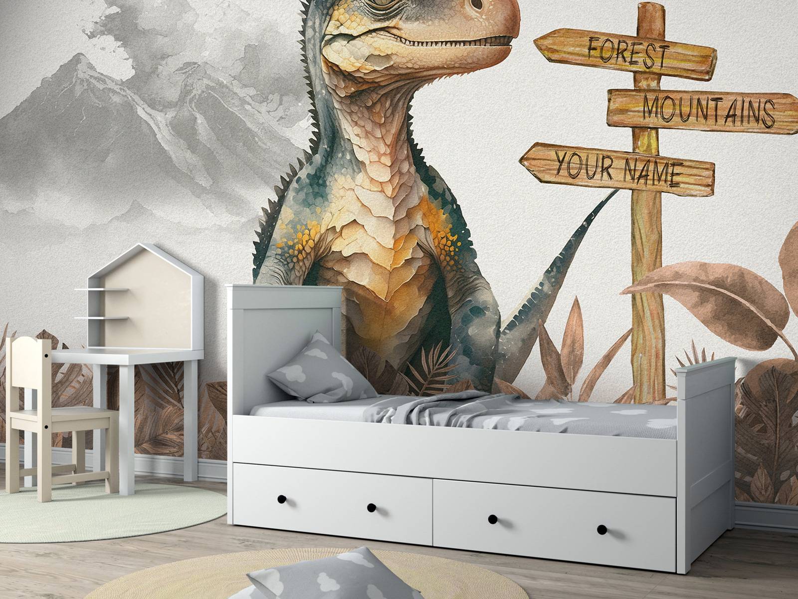 Baby velociraptor i den taupefärgade djungeln