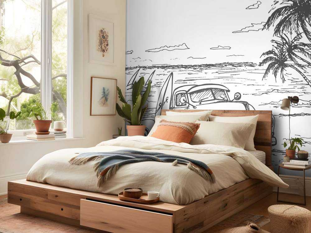 Strand tegnet i sort og hvidt