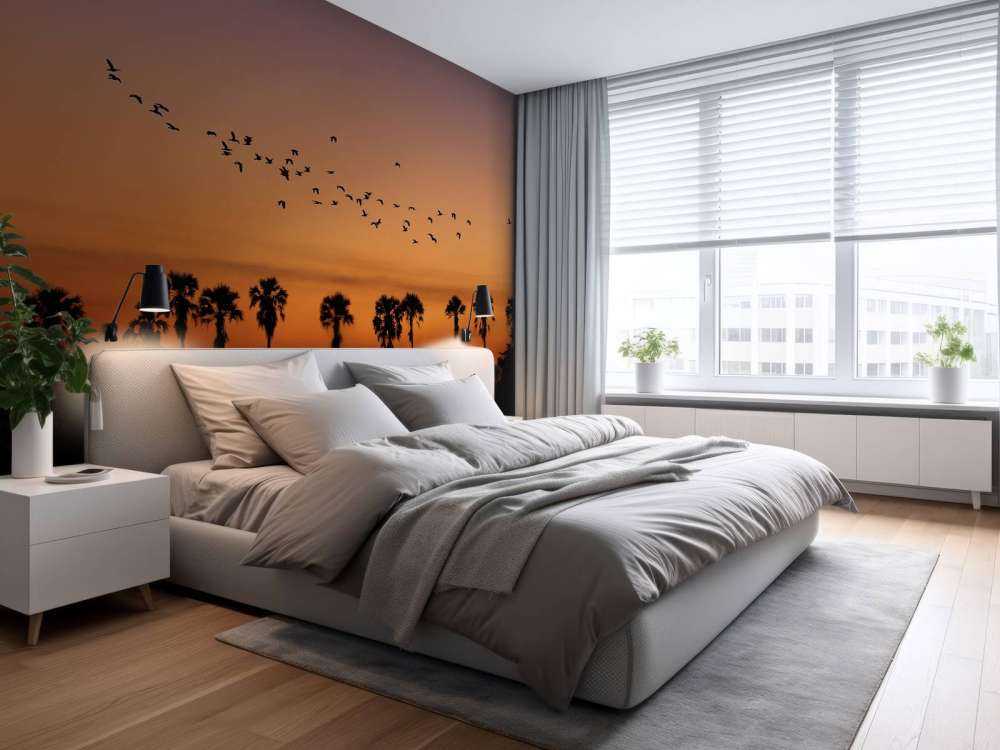 Palmetræer med en gruppe af fugle