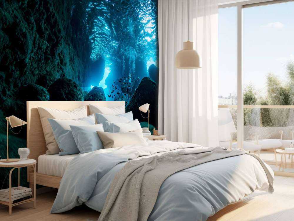 Solstråler i en undervandsgrotte