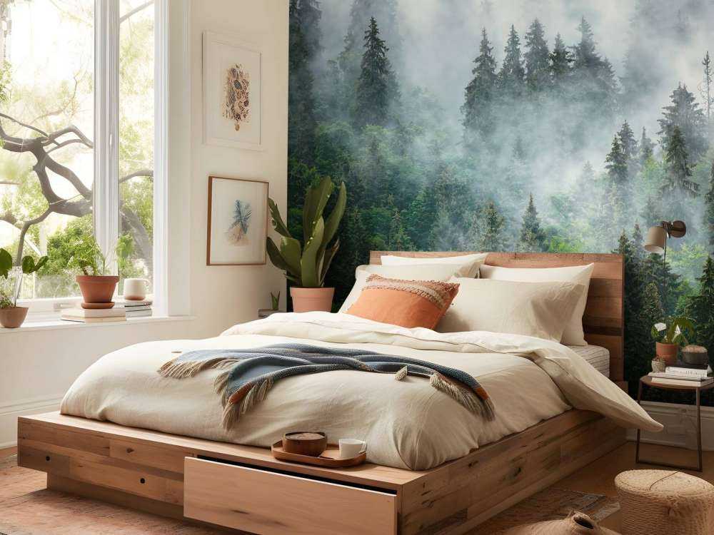 Dimmigt landskap med gröna träd