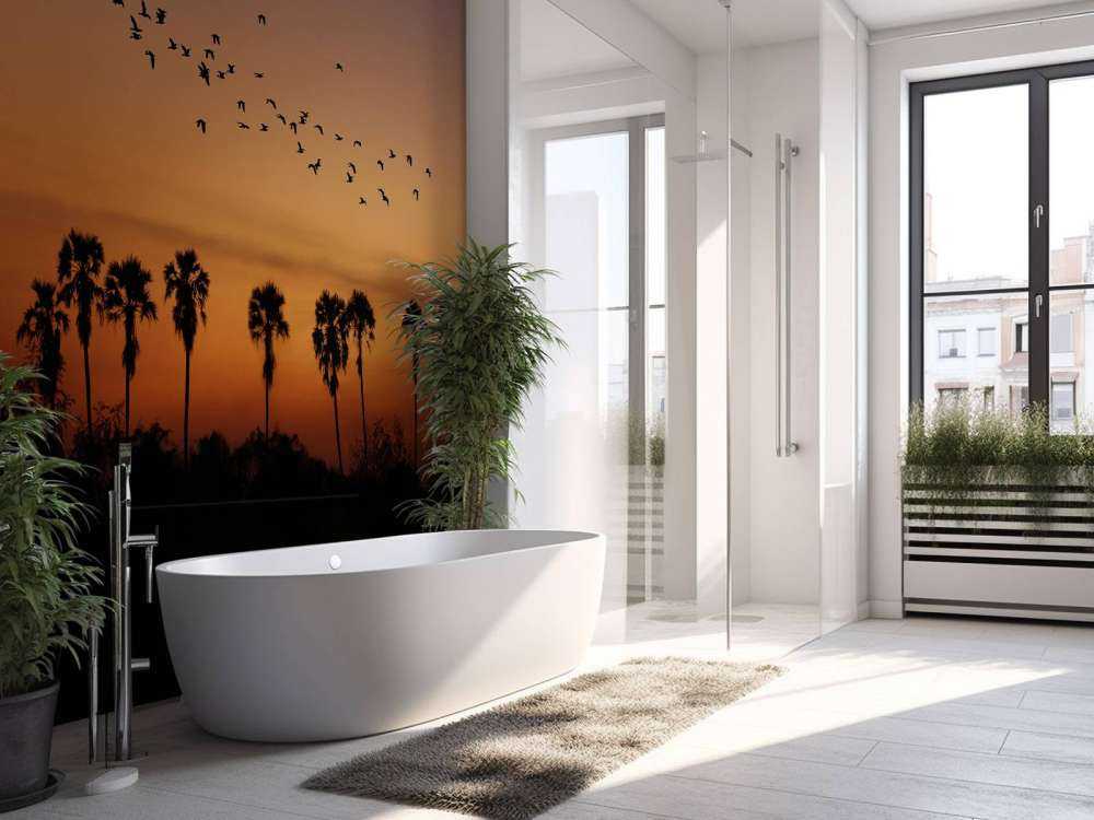 Palmer med en grupp fåglar