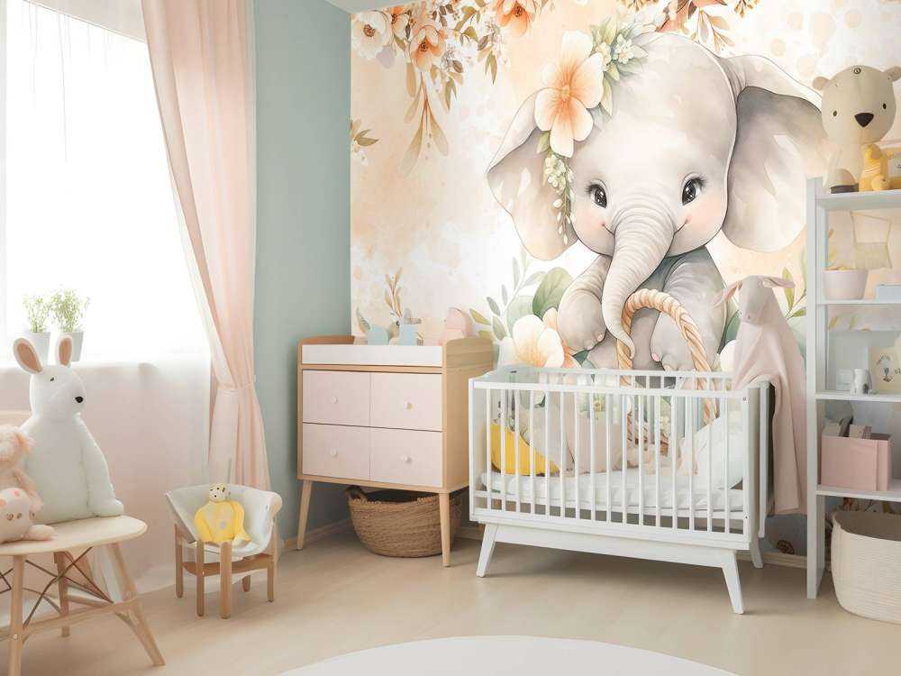 Sød elefant i blomsterkurv