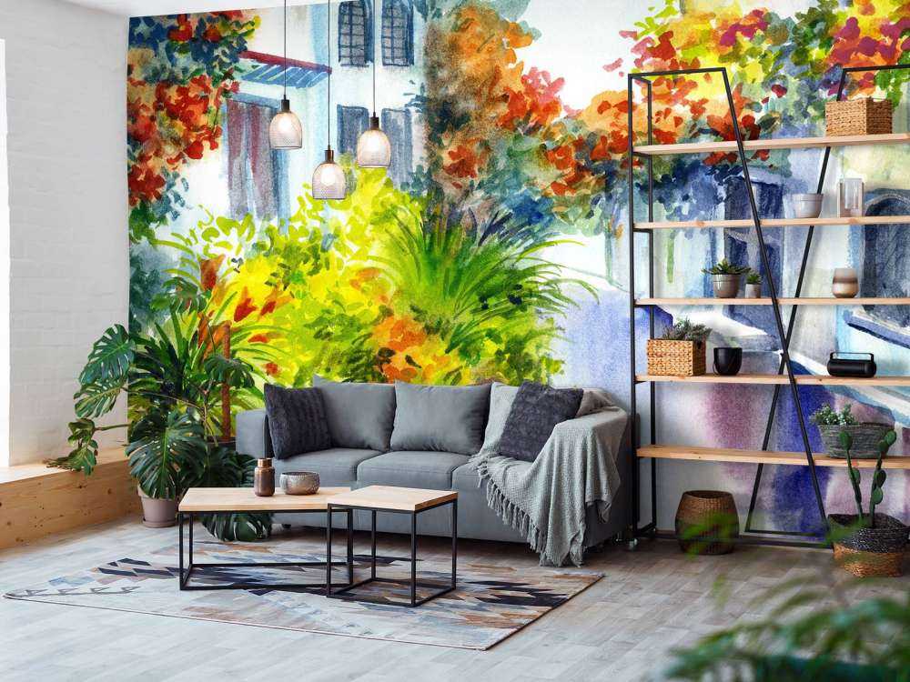 Akvarellblomster og bygninger